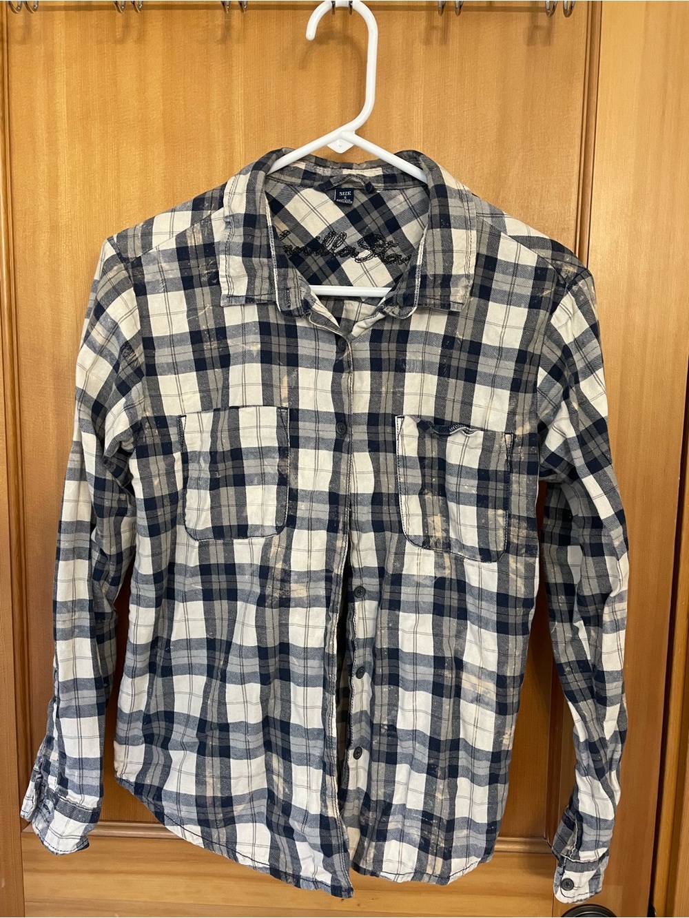 Vanilla Star Navy and White Plaid Distressed Button-Down Shirt
